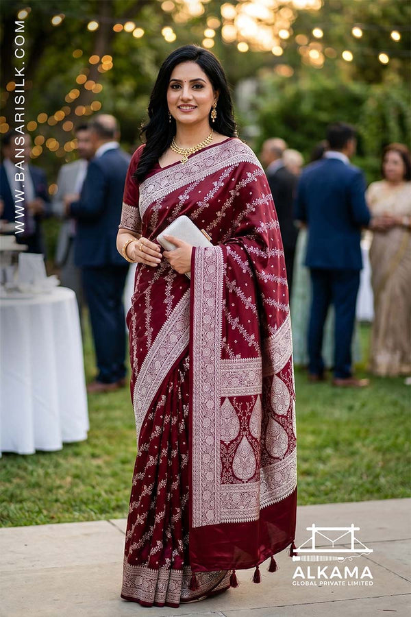 Woman in a maroon Banarasi Mashru silk saree at an outdoor event, with 'ALKAMA' branding.