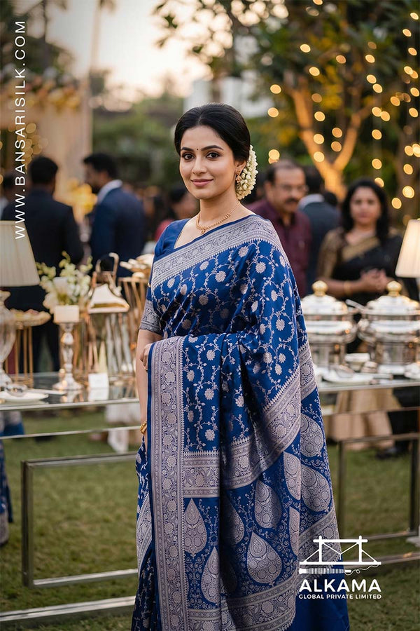 Woman in a blue Banarasi Mashru silk saree at an outdoor event, with 'ALKAMA' branding.