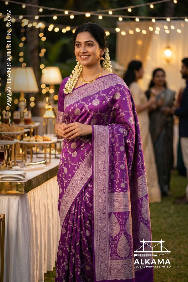 Woman in a purple Banarasi Mashru silk saree at an outdoor event, with 'ALKAMA' branding.