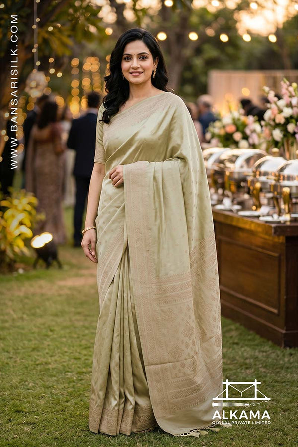 Woman in a pistachio green Banarasi Mashru silk saree at an outdoor event, with 'ALKAMA' branding.