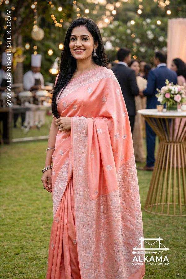 Woman in a orange-peach Banarasi Mashru silk saree at an outdoor event, with 'ALKAMA' branding.