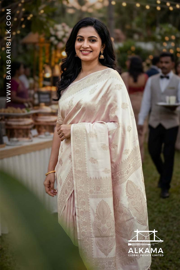 Woman in a ivory white Banarasi Mashru silk saree at an outdoor event, with 'ALKAMA' branding.
