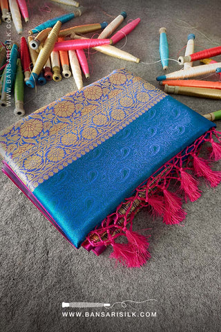 It is a Blue Banarasi Silk Saree woven in Tanchoi design best for Indian weddings