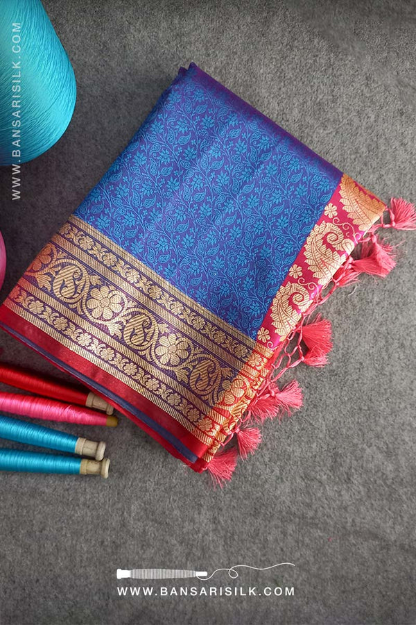It is a Blue Banarasi Silk Saree woven in Tanchoi design best for Indian weddings