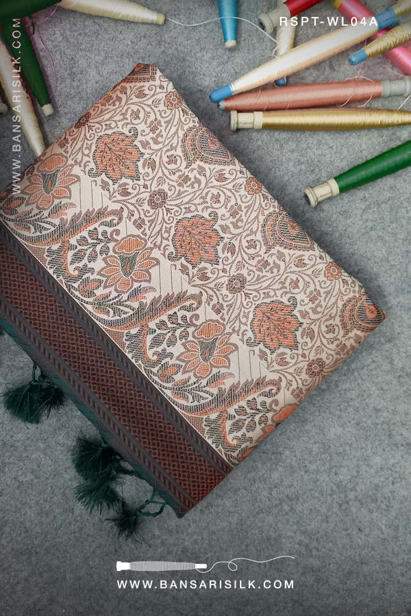 Bottle green and cream Banarasi Resham silk saree soft and lightweight for office and events 