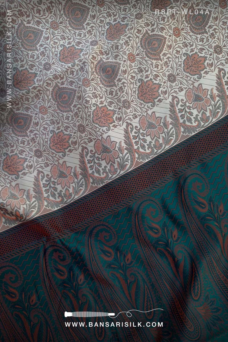 Bottle green and cream Banarasi Resham silk saree soft and lightweight for office and events 