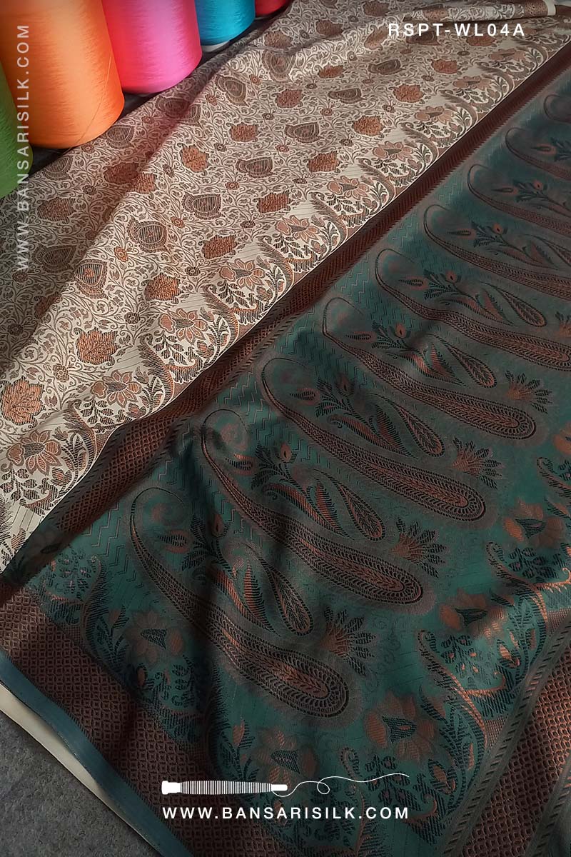 Bottle green and cream Banarasi Resham silk saree soft and lightweight for office and events 