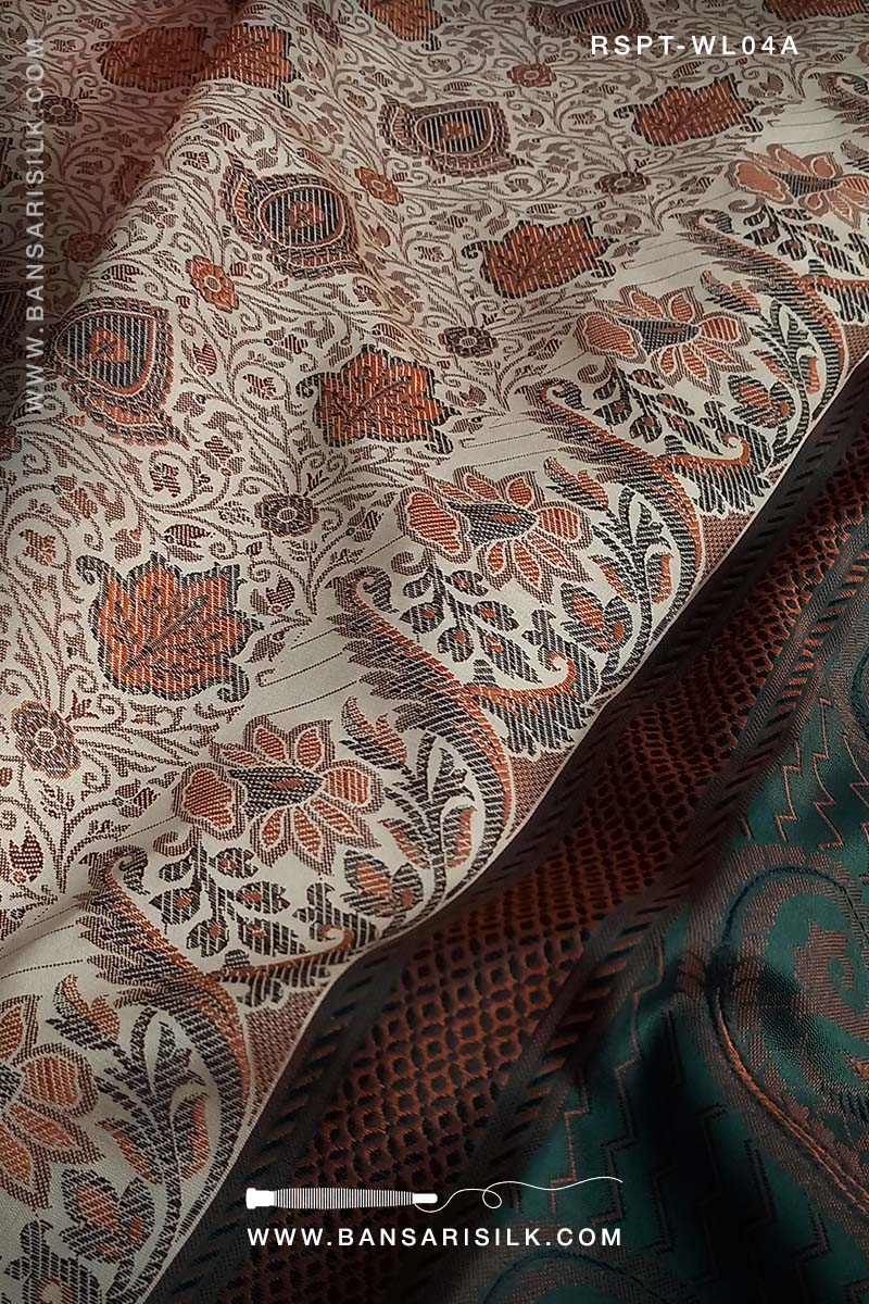 Bottle green and cream Banarasi Resham silk saree soft and lightweight for office and events 