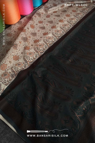 Cream and black Resham Banarasi Silk Saree soft and lightweight for office and events 