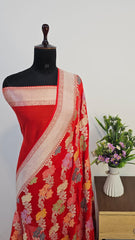 Red Handloom Floral Pure Georgette Silk Saree