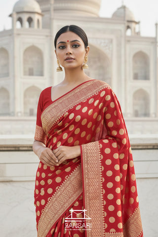 Red Handloom Pure Khaddi Georgette Silk Saree