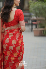 Woman wearing a red Banarasi silk saree with gold patterns, standing outdoors.