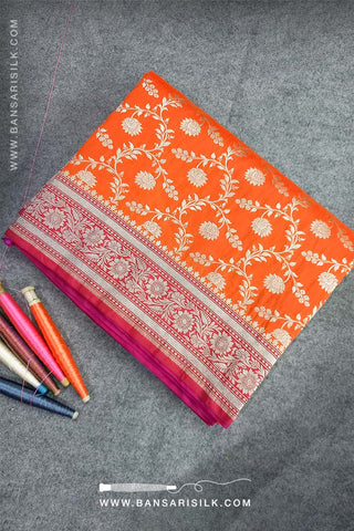 Orange And Pink Banarasi Silk Saree designed for wedding and bollywood gala events.