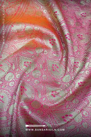 Orange And Pink Banarasi Silk Saree designed for wedding and bollywood gala events.