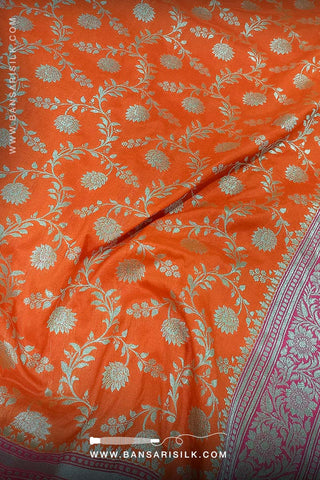 Orange And Pink Banarasi Silk Saree designed for wedding and bollywood gala events.
