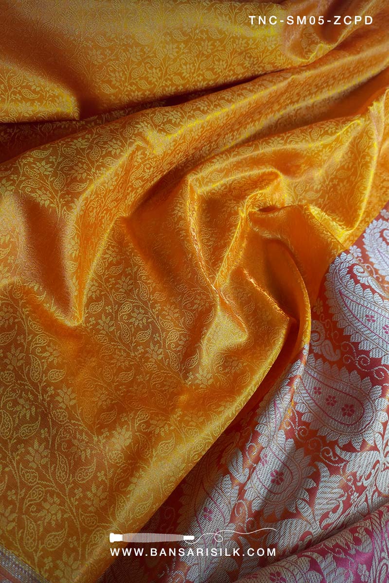 Yellow Banarasi Silk Saree for wedding, Banarasi Tanchoi Silk Saree, Wedding Saree, Red Saree