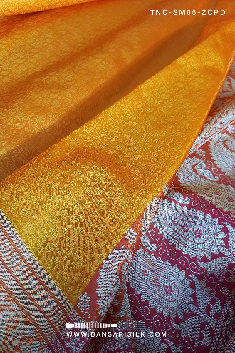 Yellow Banarasi Silk Saree for wedding, Banarasi Tanchoi Silk Saree, Wedding Saree, Red Saree
