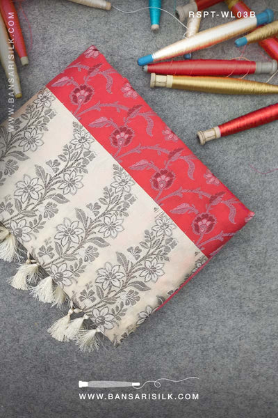 Red and cream Banarasi Resham Silk Saree soft and lightweight for office and events 