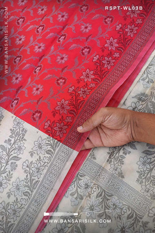 Red and cream Banarasi Resham Silk Saree soft and lightweight for office and events 