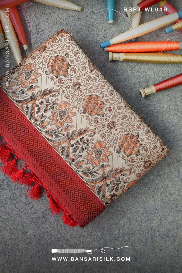 Red and off white Banarasi Resham Silk Saree soft and lightweight for office and events 