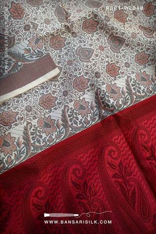 Red and off white Banarasi Resham Silk Saree soft and lightweight for office and events 