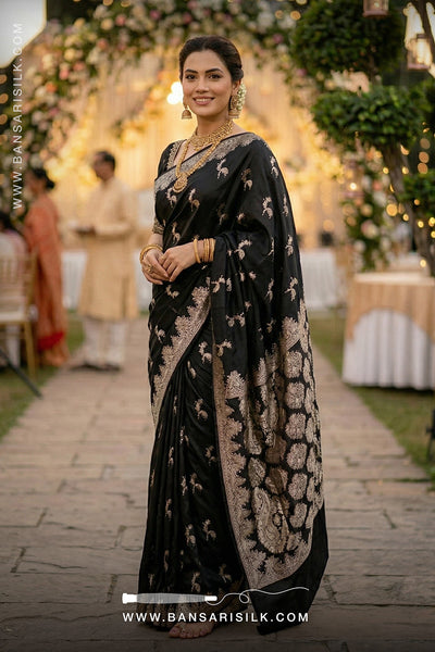 Woman in a black mashru silk saree with gold patterns at an outdoor event.