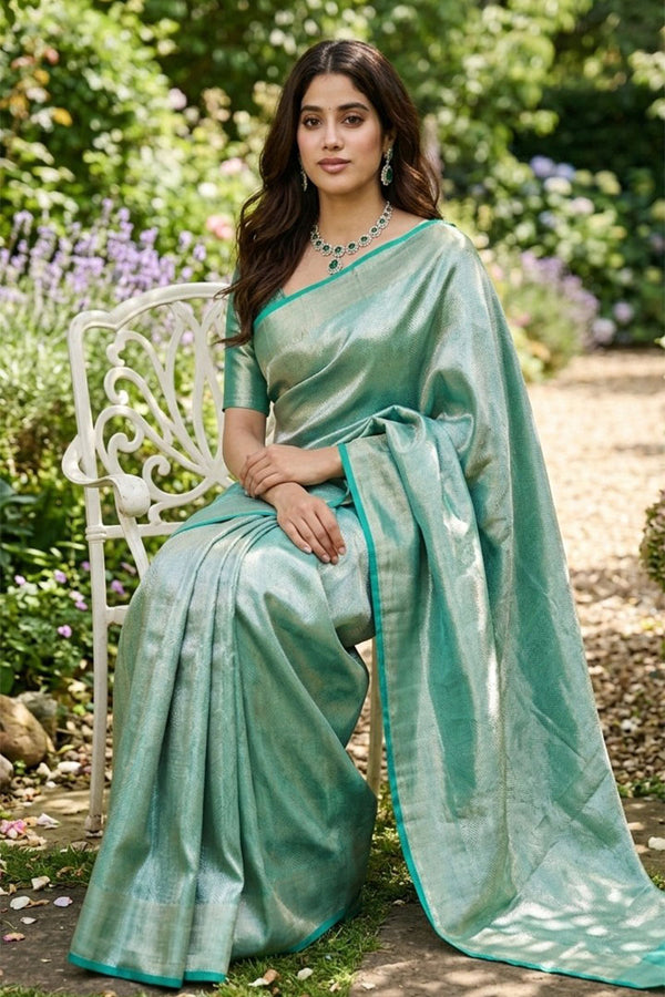 Woman in a sea green saree sitting on a white bench in a garden.