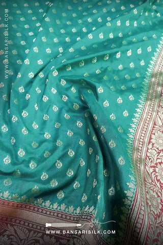 Sea Green - Red Banarasi Saree Design For Wedding And Bollywood Event