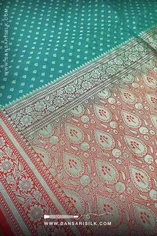 Sea Green - Red Banarasi Saree Design For Wedding And Bollywood Event