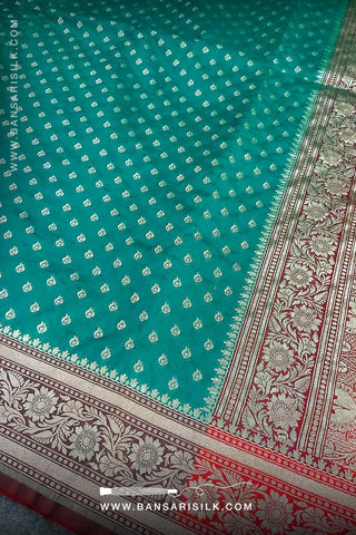 Sea Green - Red Banarasi Saree Design For Wedding And Bollywood Event