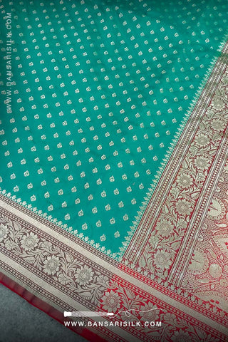 Sea Green - Red Banarasi Saree Design For Wedding And Bollywood Event