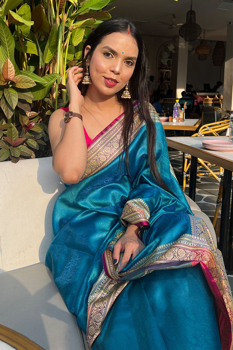Blue Banarasi Saree, Tanchoi Saree, Best Wedding Saree, Saree For Diwali, Pure Banarasi Saree, Blue Saree, Saree Mnaufacturer, Saree Weaver, BansariSilk