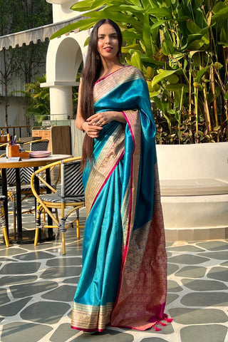 Blue Banarasi Saree With Resham Tanchoi Work