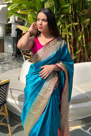 Blue Banarasi Saree With Resham Tanchoi Work
