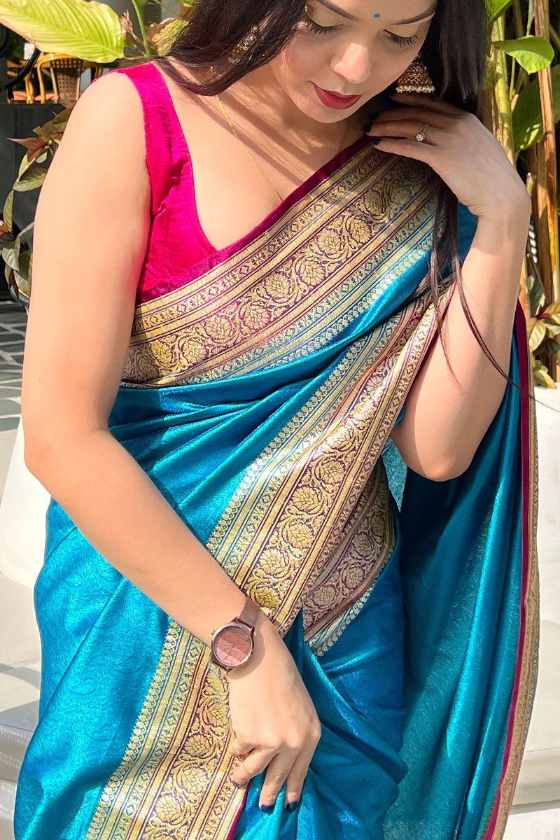 Blue Banarasi Saree With Resham Tanchoi Work