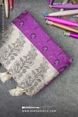 Violet purple and cream Banarasi Resham Silk Saree soft and lightweight for office and events 