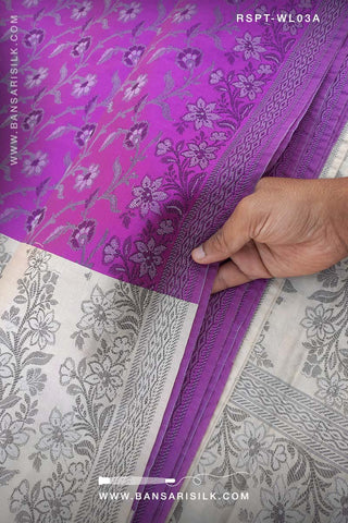 Violet purple and cream Banarasi Resham Silk Saree soft and lightweight for office and events 