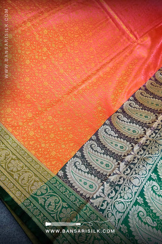 It is a yellow and red Banarasi Silk Saree woven in Tanchoi design, best for haldi and Indian weddings by bansarisilk.com
