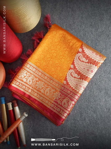 Yellow Banarasi Silk Saree for wedding, Banarasi Tanchoi Silk Saree, Wedding Saree, Red Saree