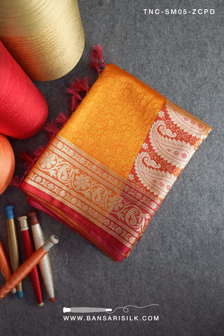 Yellow Banarasi Silk Saree for wedding, Banarasi Tanchoi Silk Saree, Wedding Saree, Red Saree
