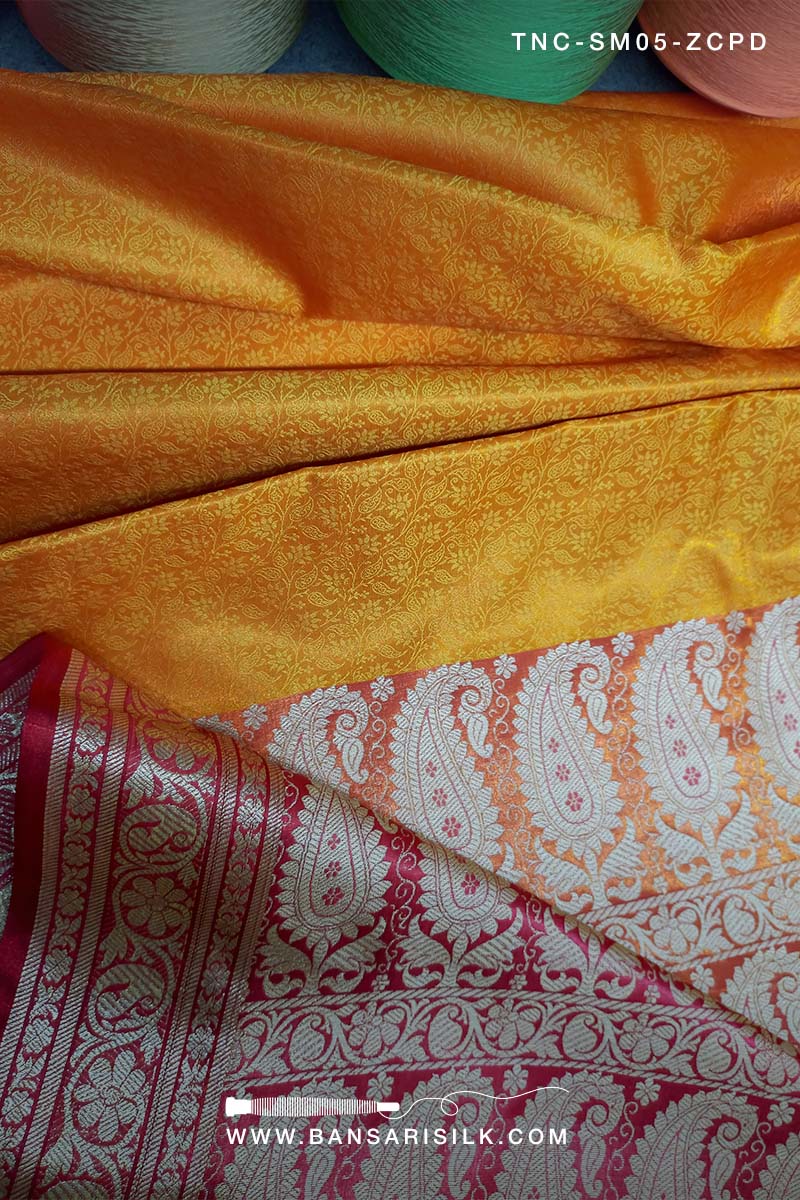 Yellow Banarasi Silk Saree for wedding, Banarasi Tanchoi Silk Saree, Wedding Saree, Red Saree
