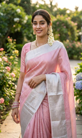 Pink Kora Banarasi Tissue Silk Saree