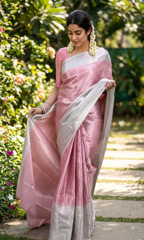 Pink Kora Banarasi Tissue Silk Saree