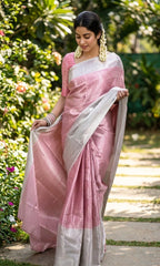Pink Kora Banarasi Tissue Silk Saree