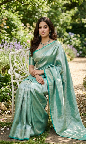 Mint Green Kora Banarasi Tissue Silk Saree